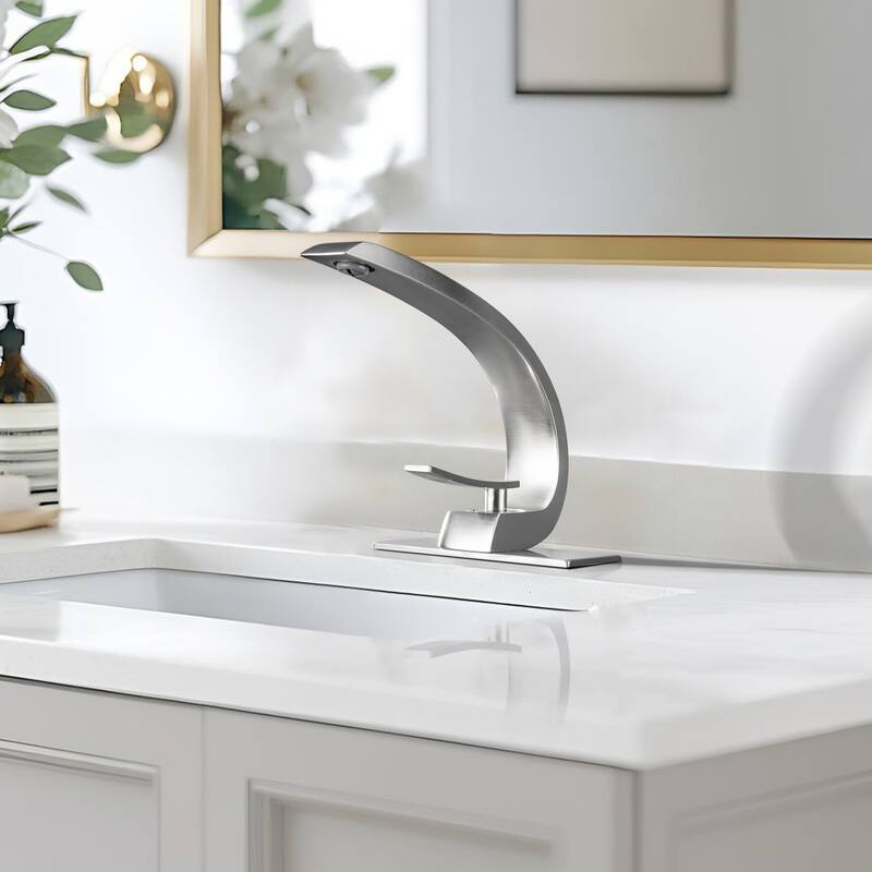 Modland C-Shaped Single Hole Bathroom Faucet, 500K Cycle CUPC Certified, 6-Inch Cover Plate, Black / Gold / Nickel / Chrome