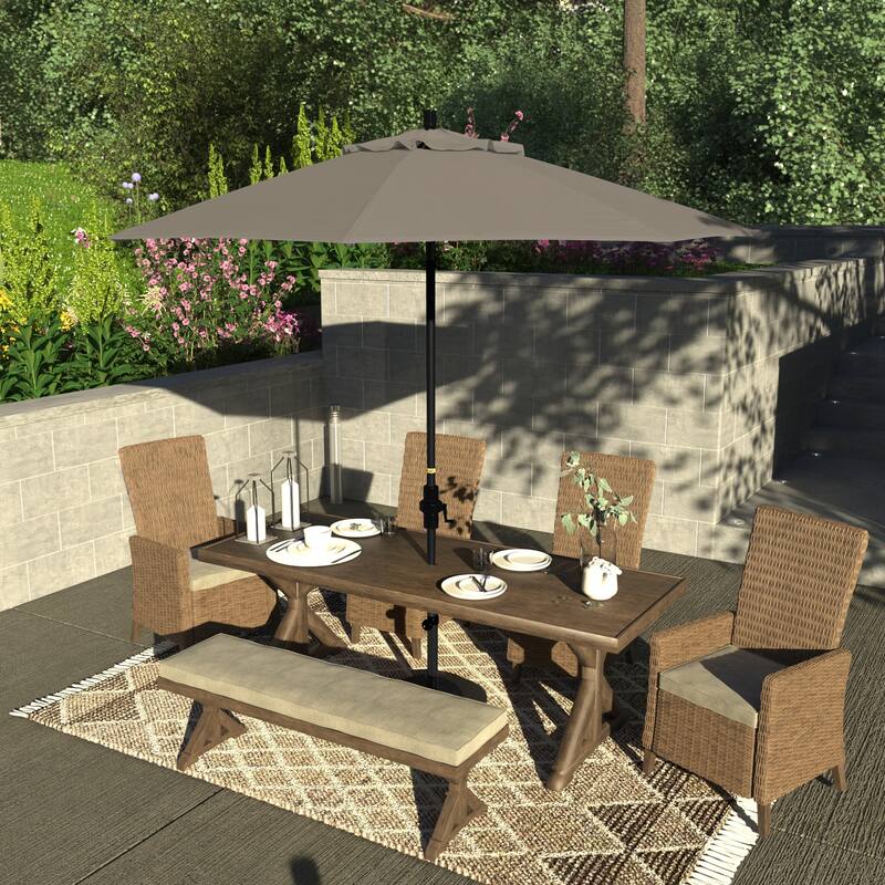 California Umbrella 9' Rd Patio Umbrella Black Aluminum Frame Fiberglass Ribs Crank Lift Collar Tilt, Pacifica Pacific Blue - Taupe