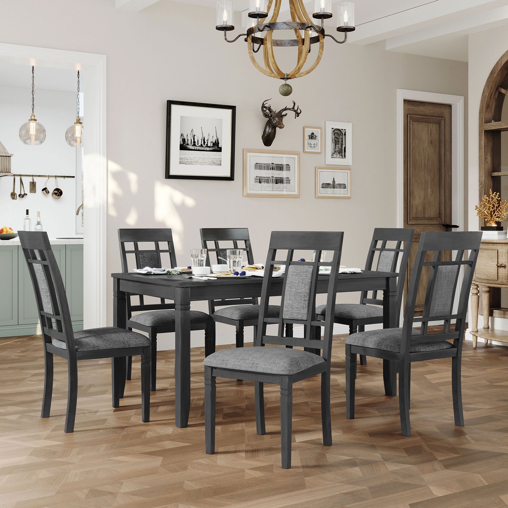 Gray 7-Piece Farmhouse Rustic Wooden Dining Table Set, Kitchen