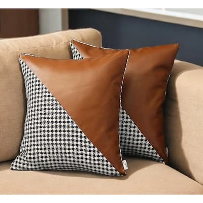 HomeRoots Set Of Two 18" X 18" Brown And Black Polyester Houndstooth Zippered Pillow