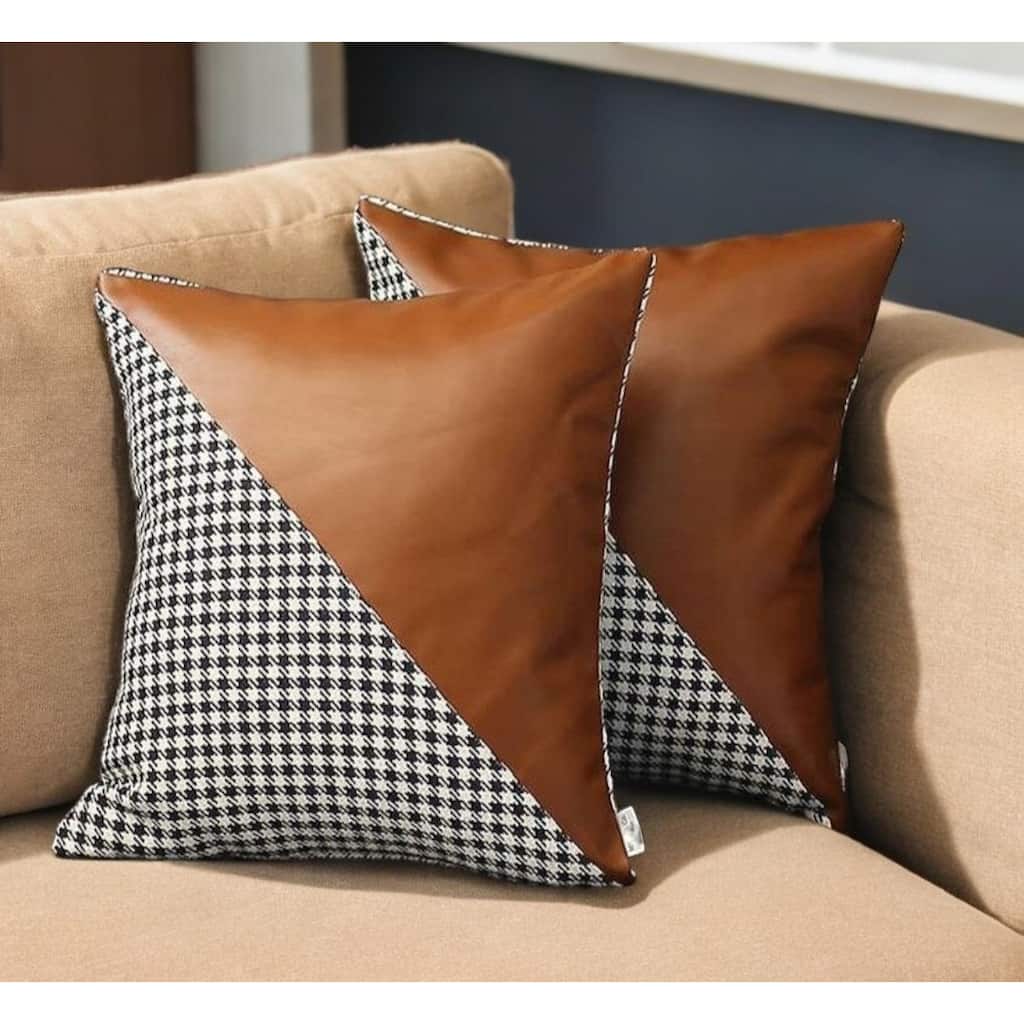 HomeRoots Set Of Two 18" X 18" Brown And Black Polyester Houndstooth Zippered Pillow