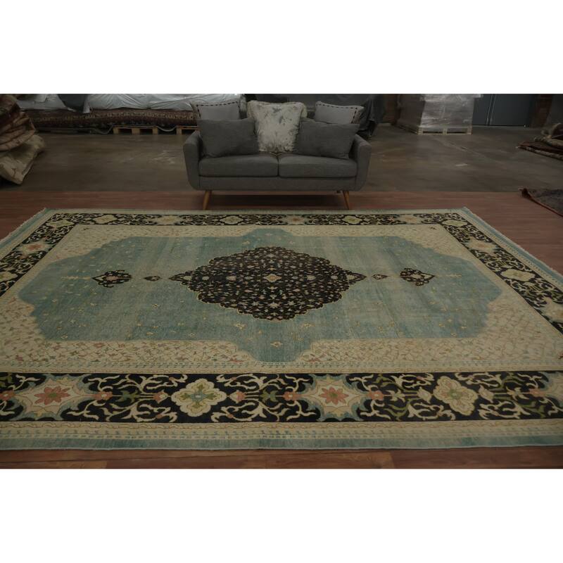 Hand Knotted Oriental 100% Wool Carpet Transitional Floral Navy Blue & Blues Oushak Area Rug - 12' 10'' X 9' 8''