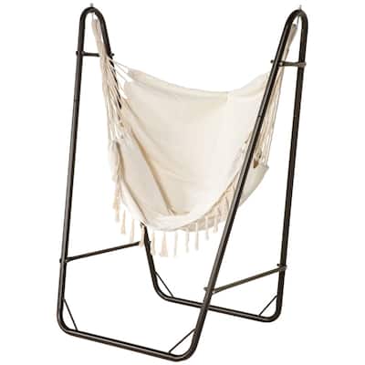 Hammock Chair with Stand Heavy Duty Steel Frame Ergonomic U Shape Design with Side Pockets for Indoor and Outdoor Use