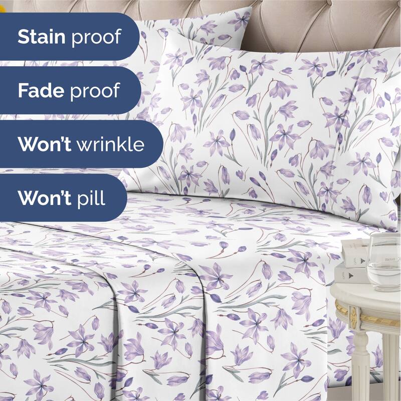 CGK Linens Luxurious 4 Piece Floral Sheet Set,Deep Pocket, Soft, Wrinkle-Resistant Pastel Botanical Bed Sheets