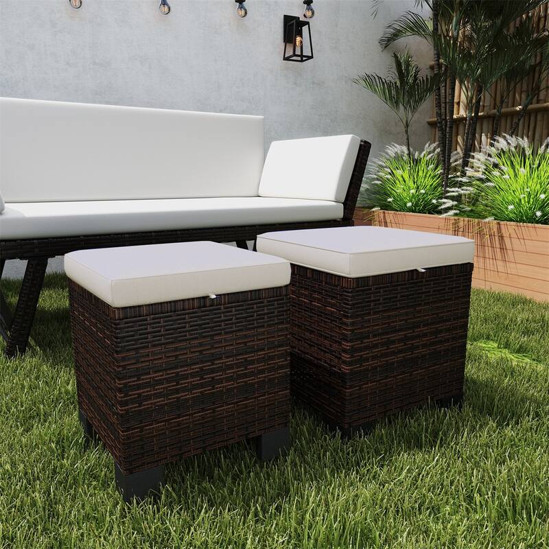 Set of 2 Outdoor Ottomans Wicker with Cushions Steel Frame for Patio Balcony Yard - 15.7" W x 15.7" D x 18.1" H - White