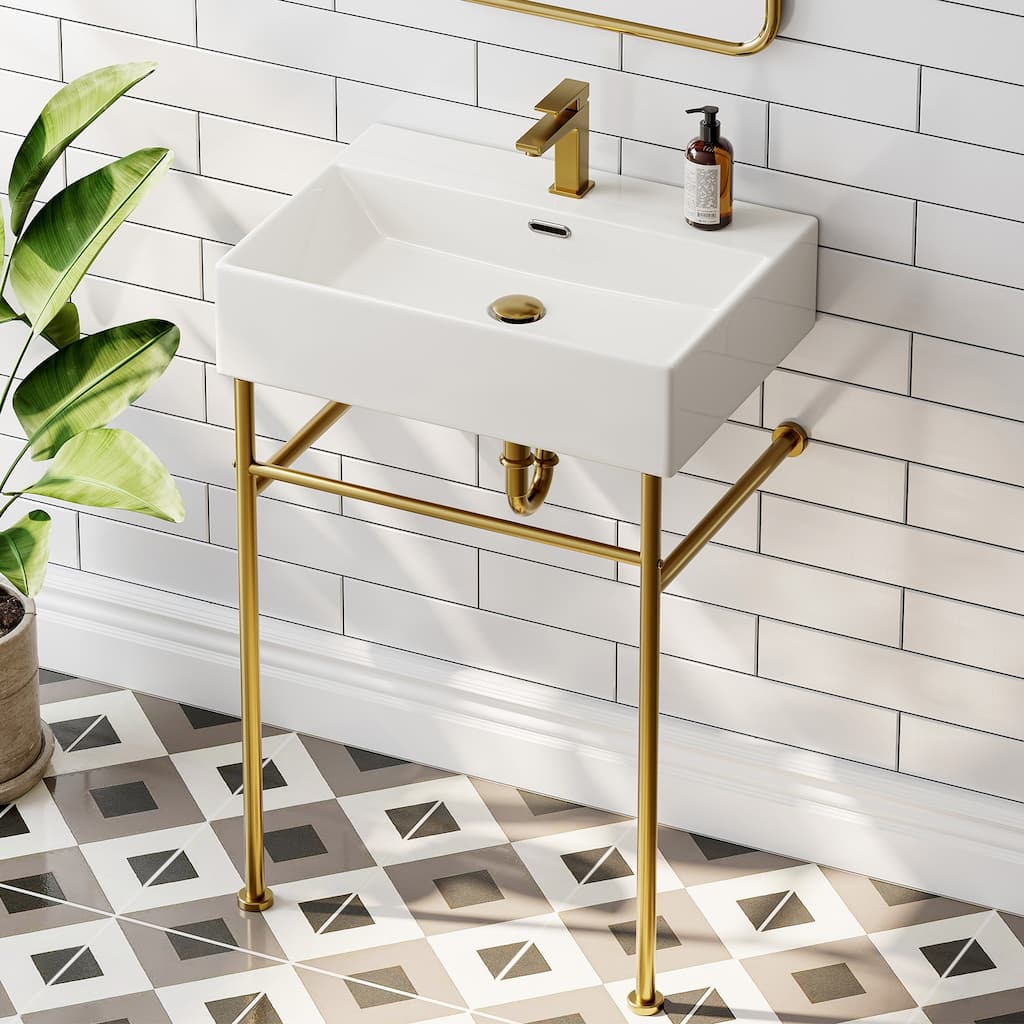 HOROW 24 in. Ceramic White Rectangular Bathroom Console Sink with Golden Legs and Overflow