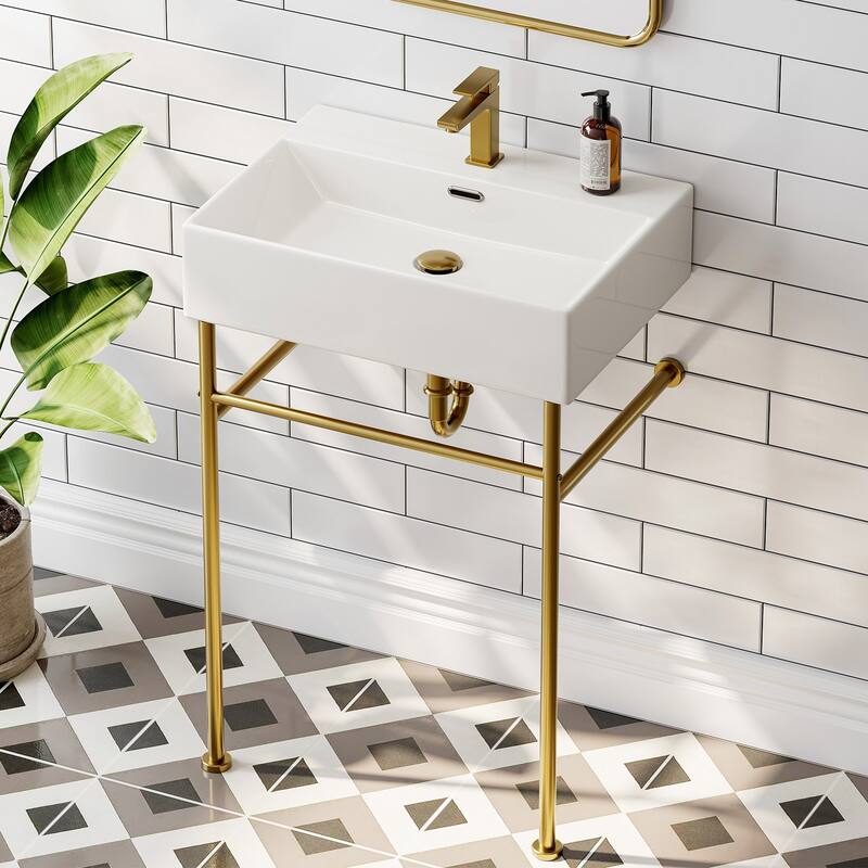 HOROW 24 in. Ceramic White Rectangular Bathroom Console Sink with Golden Legs and Overflow - Gold