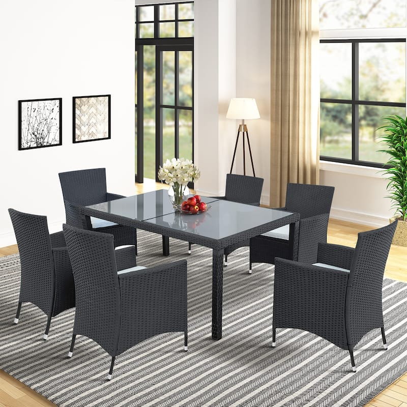 7 Piece Dining Table Set for Patio Rattan Furniture Set with Beige ...