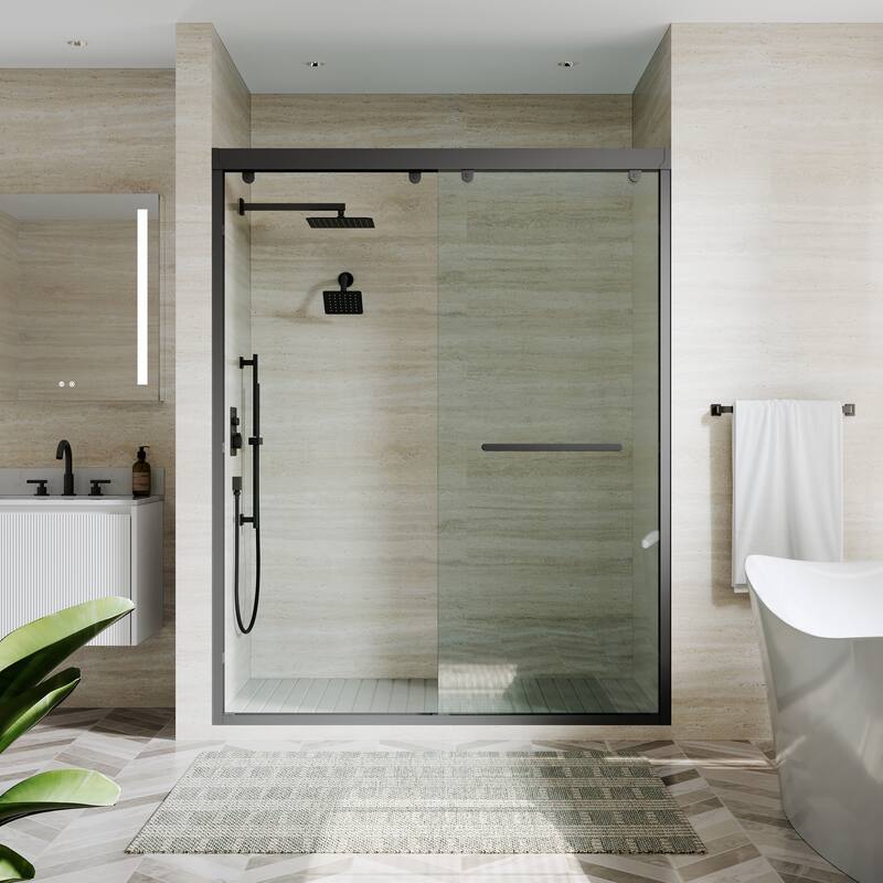 44-48"W/56-60"W x 75"H Double Sliding Shower Door With 8mm Tempered Glass & Aluminum Alloy Frame - 56-60"W x 75"H - Matte Black