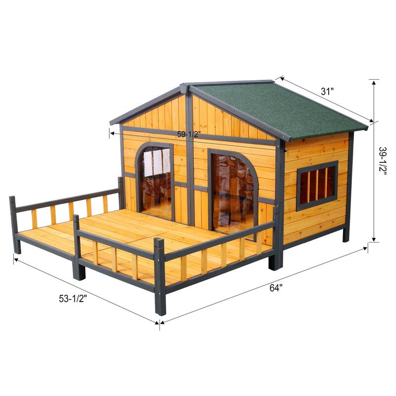 Wooden Outdoor XL Dog House with Porch, Weatherproof Raised Kennel