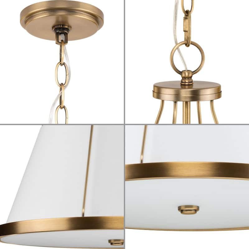 Saffert Collection Three-Light New Traditional Vintage Brass White Linen Glass Pendant Light - 22 in x 22 in x 30 in