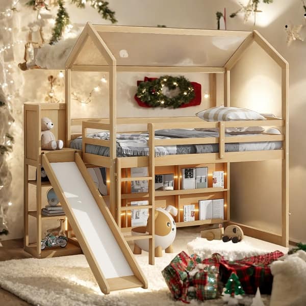 slide 2 of 33, Contemporary Twin Size Wood House Loft bed with Slide, Storage shelves and Light, Multifunctional Storage, 3 Beds in 1, Natural Natural