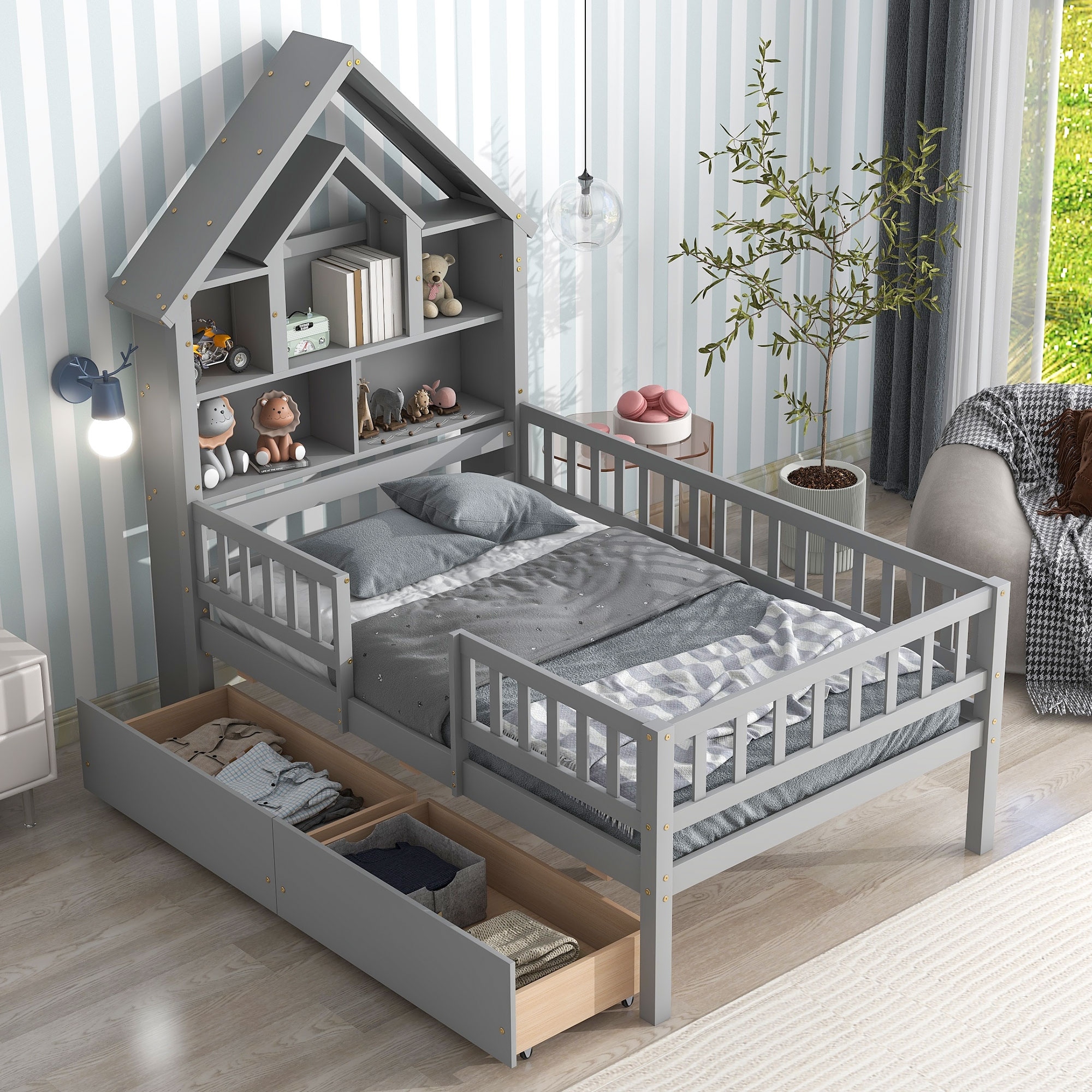 Twin Bed with House Shaped Headboard Fence Guardrails and