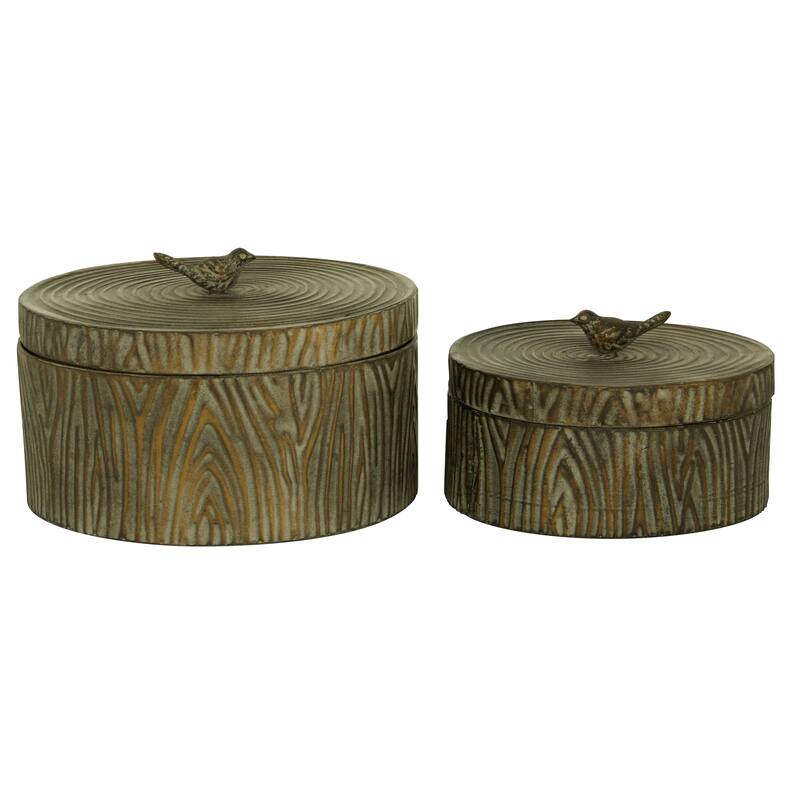 Metal Bird Carved Decorative Jars - Set of 2 Bronze - Roche River Decor - 12"W x 12"L x 7"H