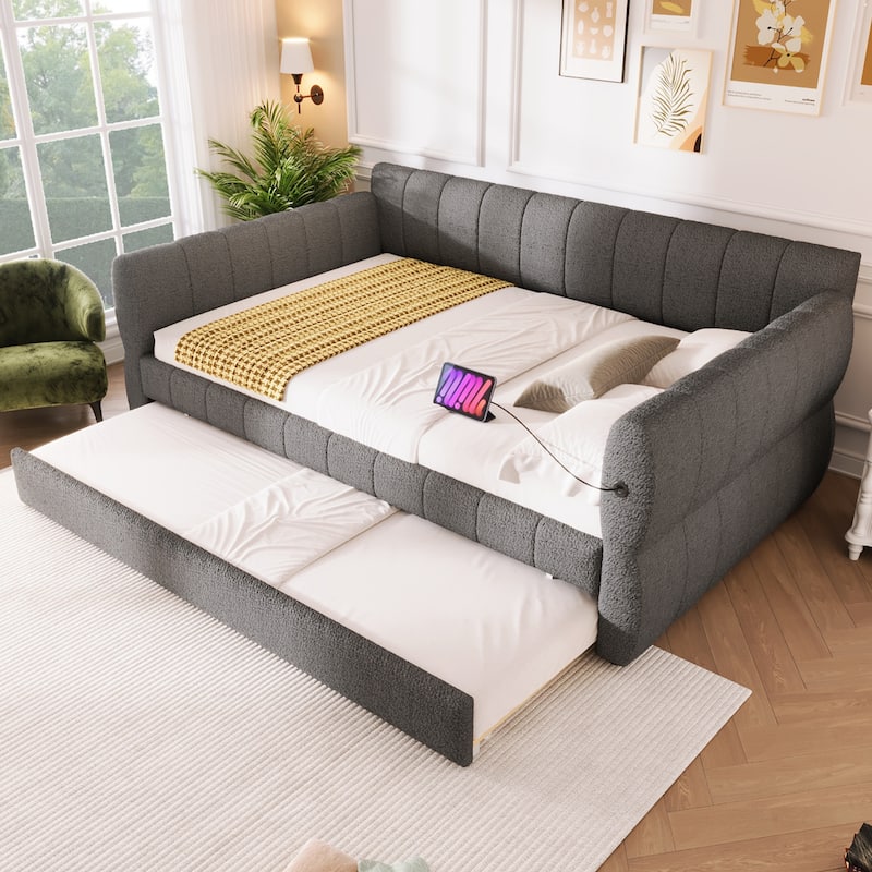 Queen Size Upholstered Daybed with USB and Optional Platform Storage Bed with 2 Drawers or Low Profile Sofa Bed with Trundle Bed - Grey with Trundle - Queen