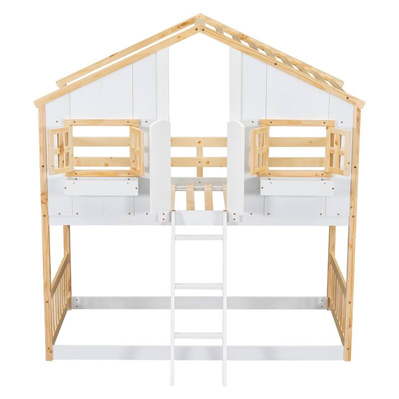 Twin over Twin Size House Bunk Bed with Roof,Safety Guardrails and Ladder