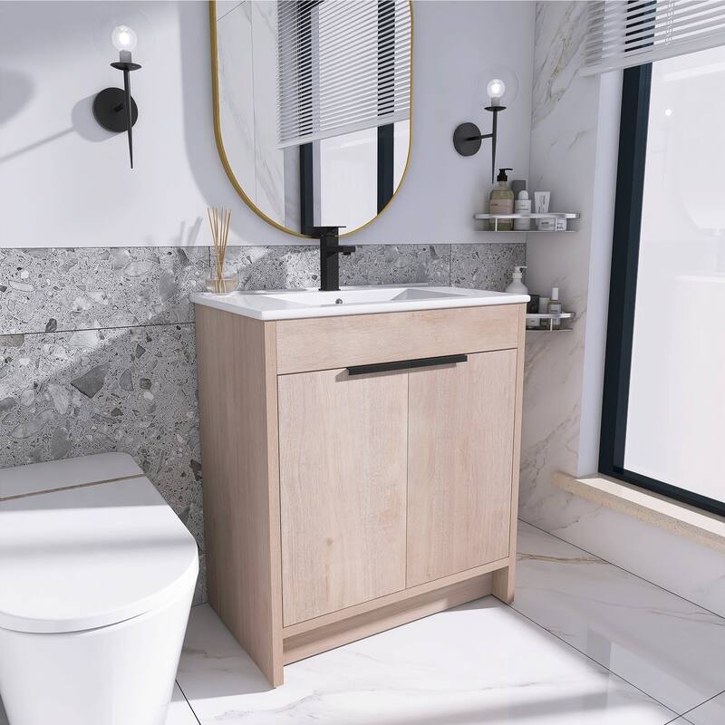 Freestanding Plywood Bathroom Vanity Set in Plain Light Oak with Integrated Sink