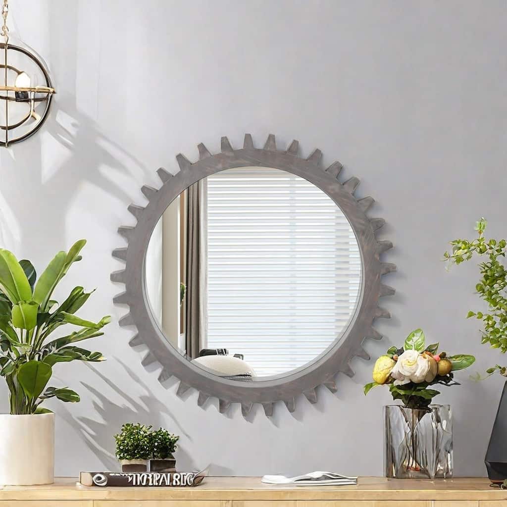 Roomfitters 26" Vintage Round Gear Wall Mirror, Large Industrial Wood Accent Mirror for Bathroom & Entryway, Dark Brown