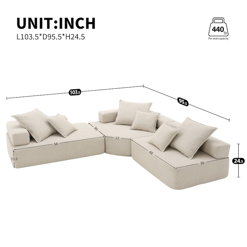 103.5" Boucle L-Shaped Modular Sectional Sofa with Free Combination Design and 6 Pillows