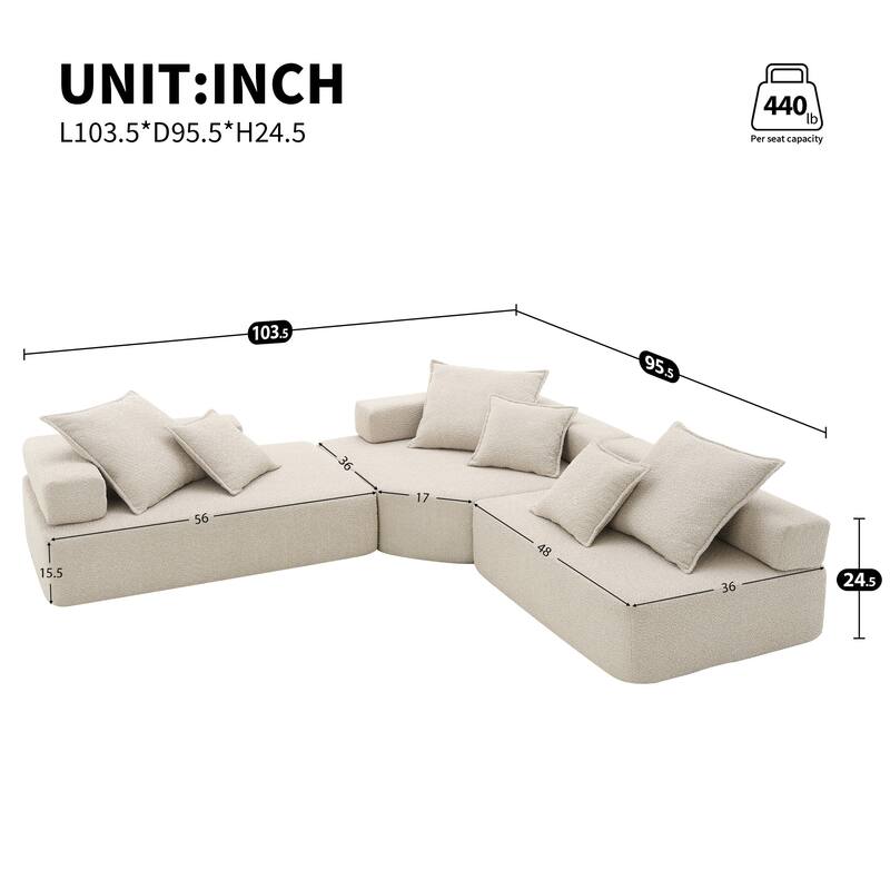 Oversized Modular L Shaped Sofa, Convertible Compressed Couch, Beige Boucle 3 PC Free Combo for Living Room