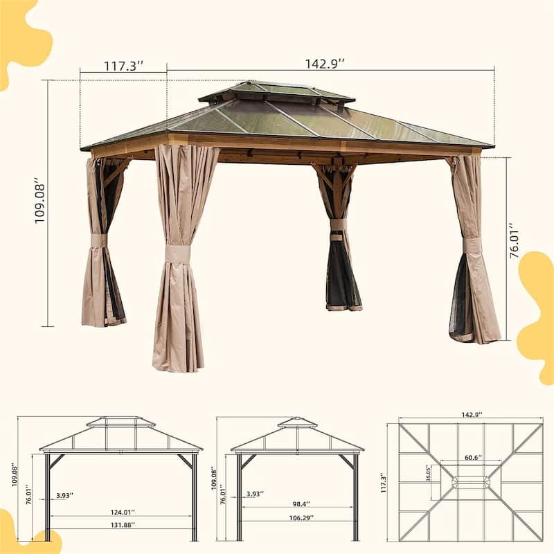 10'x12' Outdoor Gazebo with Polycarbonate Double Roof