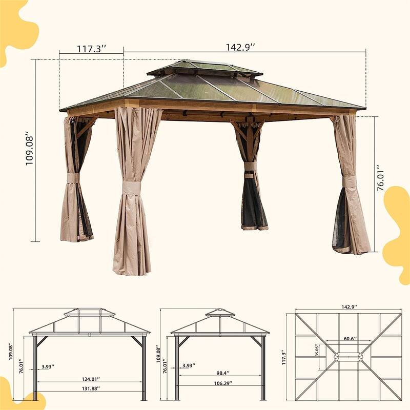 GDFStudio - Everett Permanent Outdoor Gazebo Pavilion with Double Roof and Full Privacy Setup