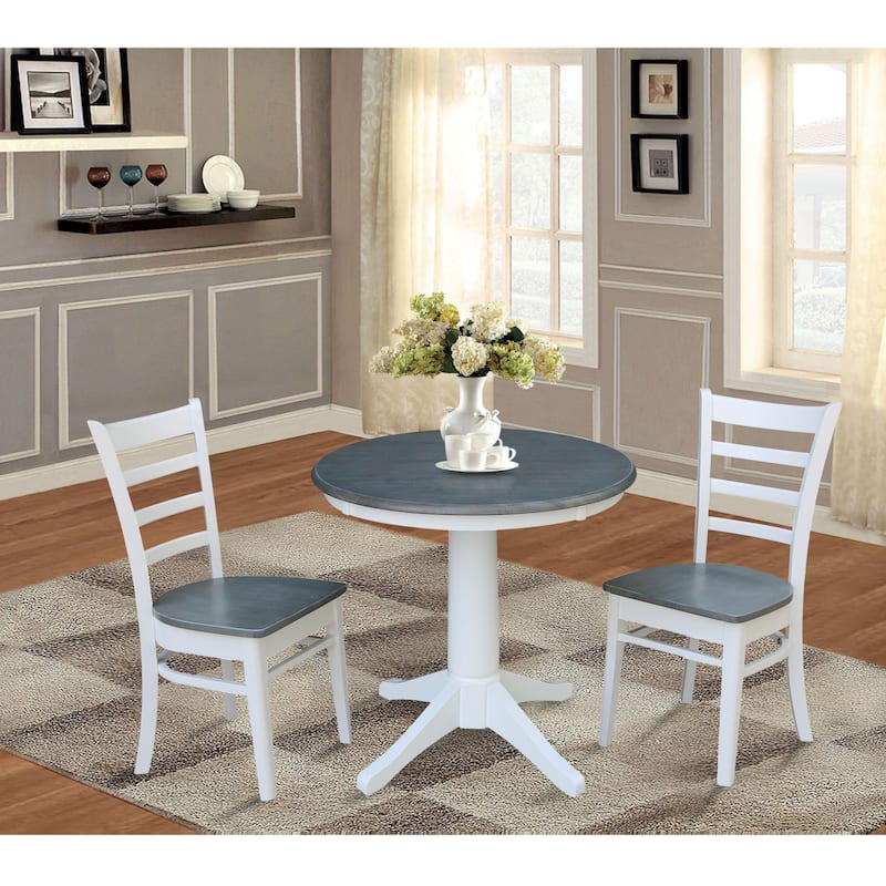 30" Round Top Pedestal Table with 2 Emily Chairs in White and Heather Gray