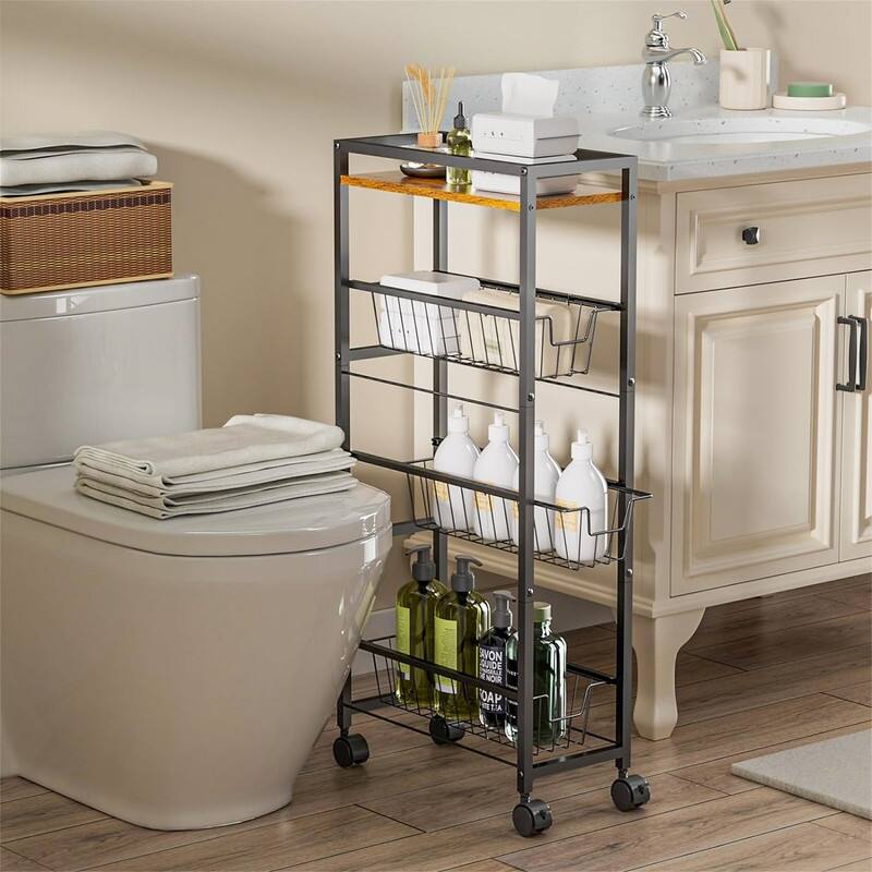 4 Tier Slim Rolling Storage Cart with Pull Out Baskets - 7.68"D x 16.54"W x 35.43"H