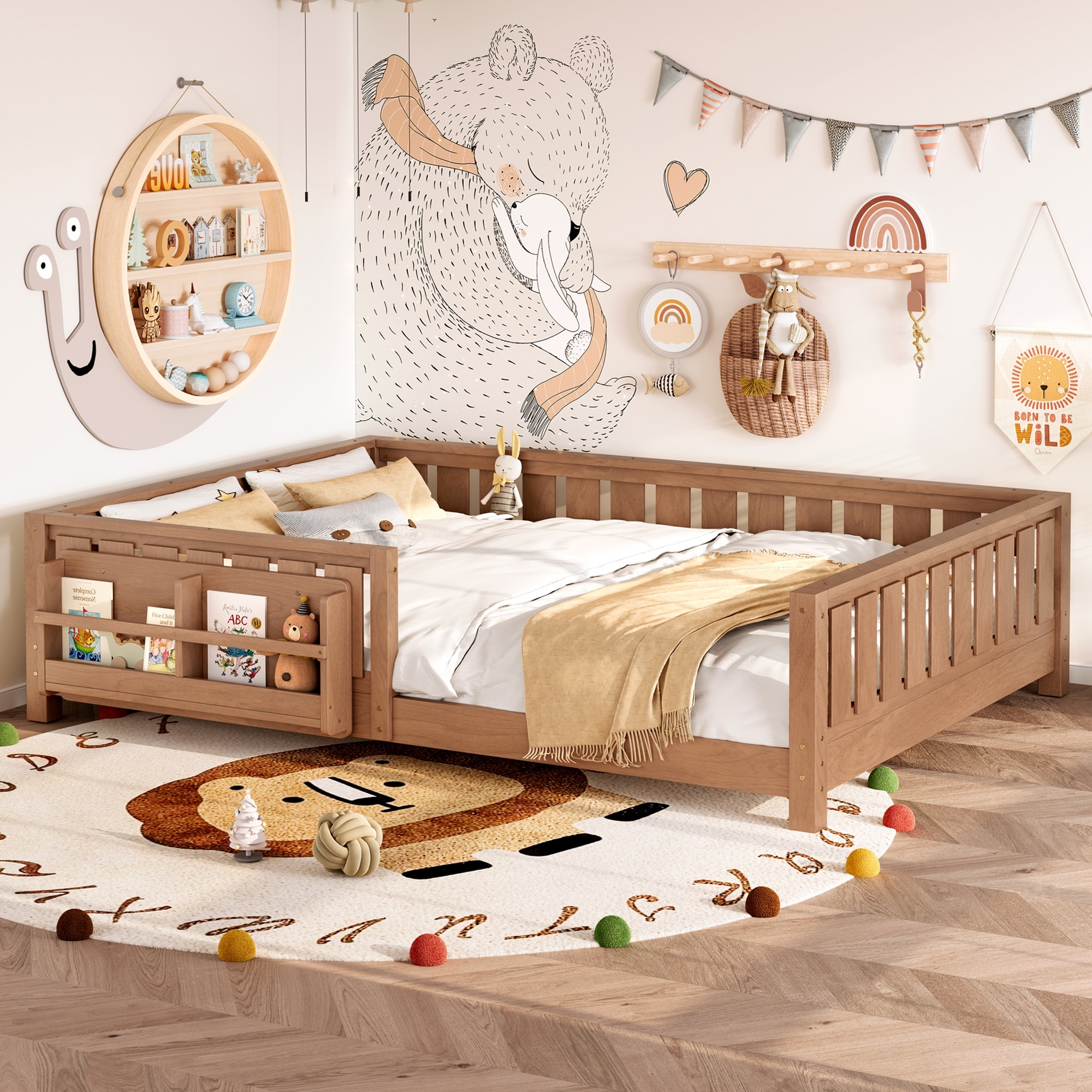 Montessori Floor Bed Low Profile Kids Bed with Rails & Bookshelf