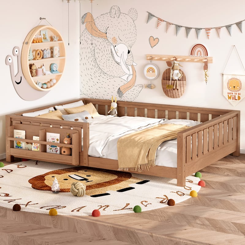 Montessori Floor Bed Low Profile Kids Bed with Rails & Bookshelf - Natural - Queen