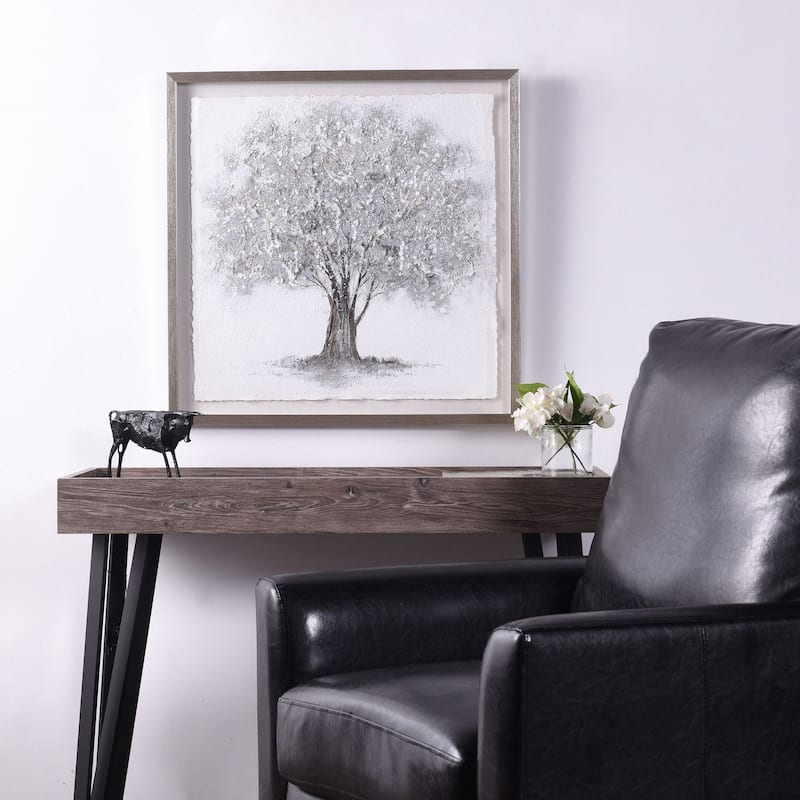 Silver Foliage - Shadow Box Wall Art With Foil On Rice Paper - Gray Wash Frame