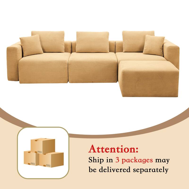 Corduroy Sectional Modular Sofa with Square Arms & Ottoman Extension for Flexible Arrangements