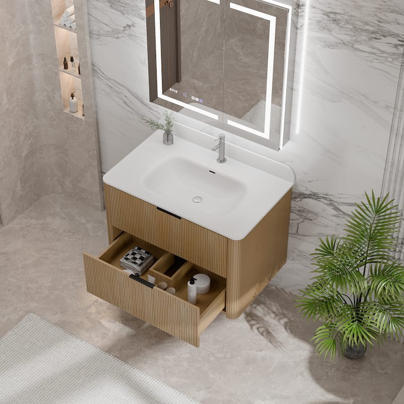 Modland Fluted Floating Vanity with Sink, Plywood Wall Mount Cabinet, Curved Edge, 24/30/36 Inch