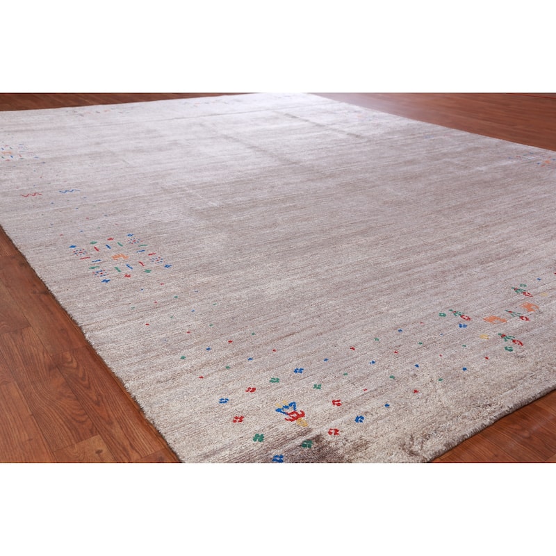 Hand Knotted Oriental Viscose Silk Carpet Tribal Stripe Brown Gabbeh Area Rug - 11' 8'' X 8' 11''