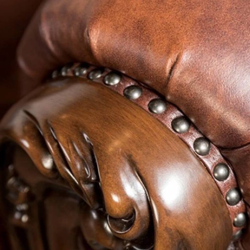 Puhi Sofa, Brown Faux Leather, Ornate Carved Dark Cherry Wood, 95 Inch