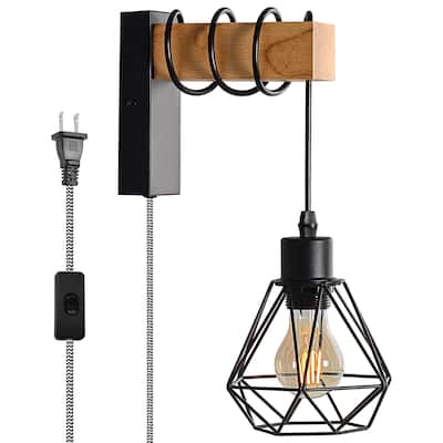 Modern Plug in Wire Wood Cage Black Wall Lamp- Industrial Rustic Retro Pendant Lamp With Adjustable Hanging Wall Lights Fixture