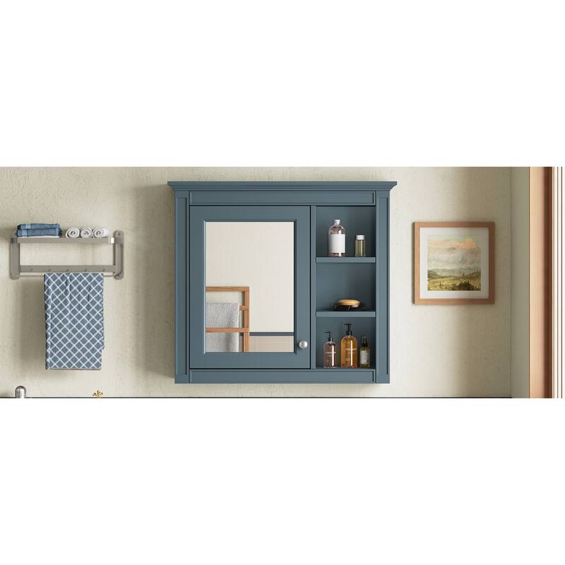 Roomfitters 30x28 Inch Medicine Cabinet, Wall Mounted Mirror Cabinet with 3 Open Shelves & Adjustable Interior Storage, Blue