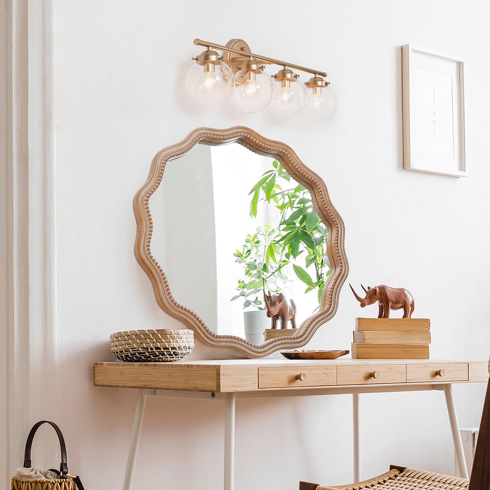 23.62 Inch Round Wavy Wood Wall Mirror