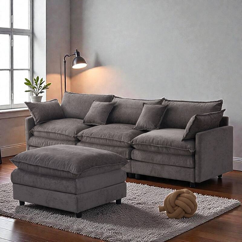 105" L-Shaped Modular Sectional Sofa with Ottoman, Soft Chenille Upholstery, 3-Seater Couch