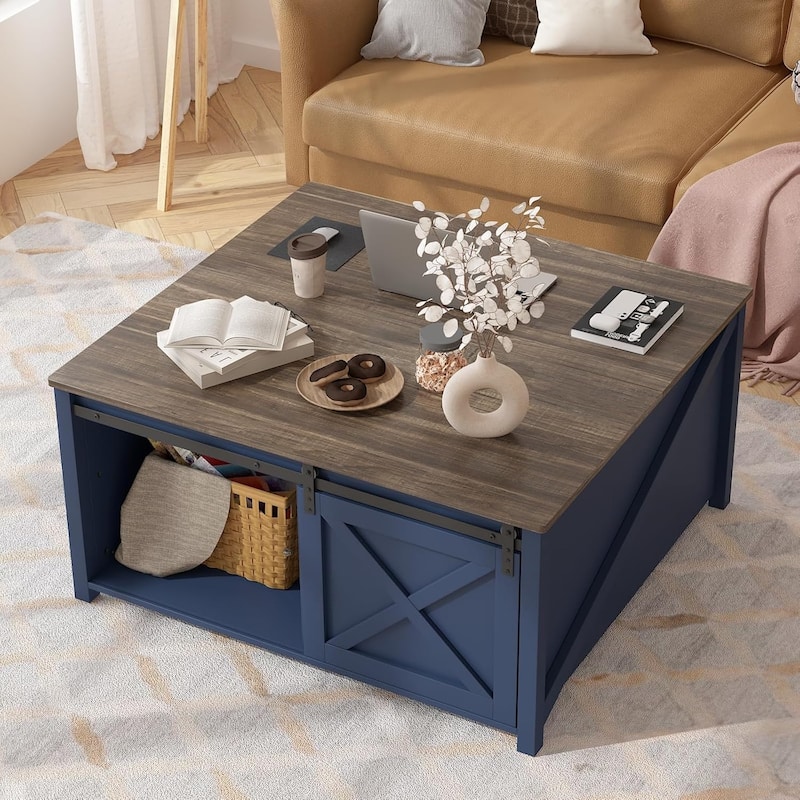 BOSSIN 31.5" Square Farmhouse Lift-Top Coffee Table - Wooden Living Room Center Table with Hidden Storage