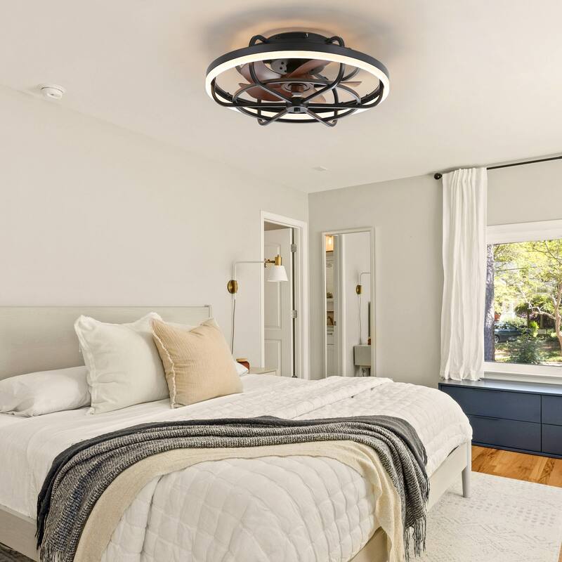 19.7" Flush Mount Caged Dimmable LED Ceiling Fan with Light and Remote