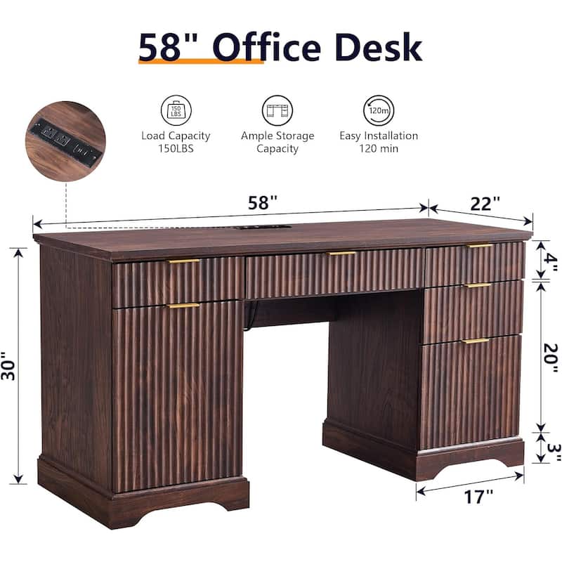 58" Modern Executive Desk with Storage, Wood Home Office Desk