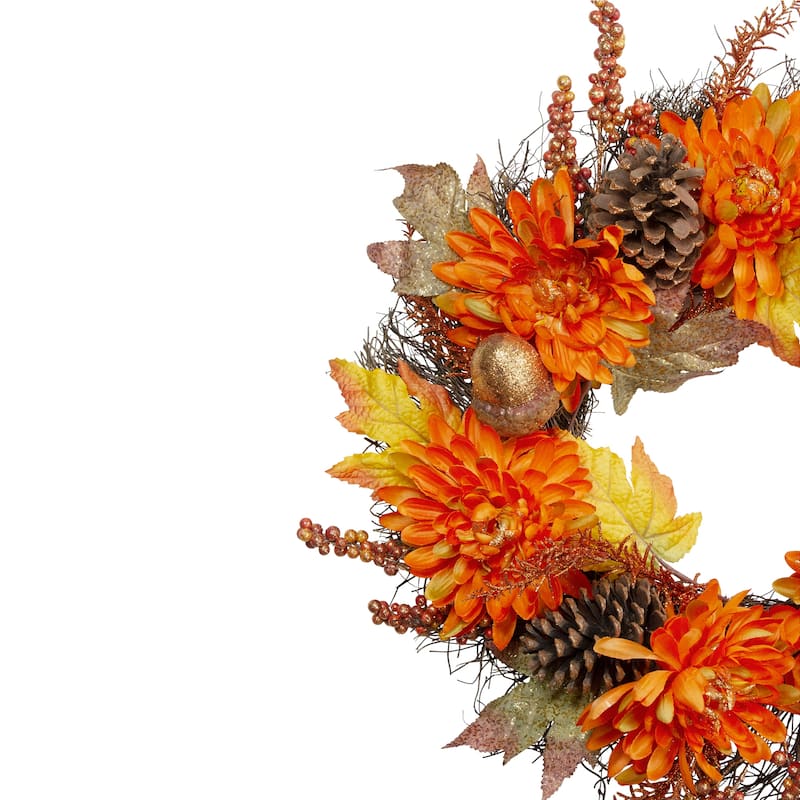 Mums and Acorns Artificial Fall Harvest Floral Twig Wreath - 22" - Unlit
