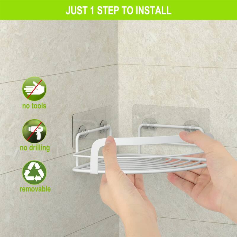 2 Pack Adhesive Wall Mounted Shower Caddy with 4 Movable Hooks