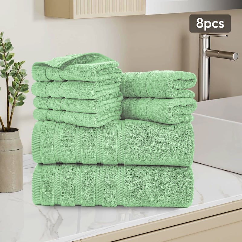8 Piece Cotton Bath Towel Set,Highly Absorbant Towels,2 Bath Towels,2 Hand Towels and 4 Washcloths - Green