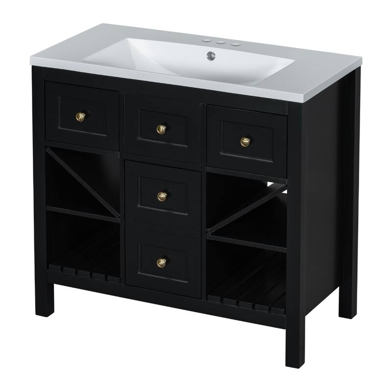 Modern 36" Bathroom Vanity with Resin Sink, 5 Drawers, Soft-Close Doors, Solid Wood Frame for Bathroom Storage - Black