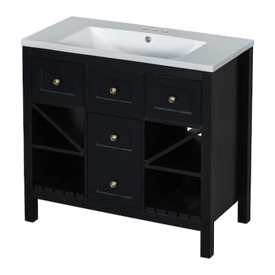 Modern 36" Bathroom Vanity with Resin Sink, 5 Drawers, Soft-Close Doors, Solid Wood Frame for Bathroom Storage