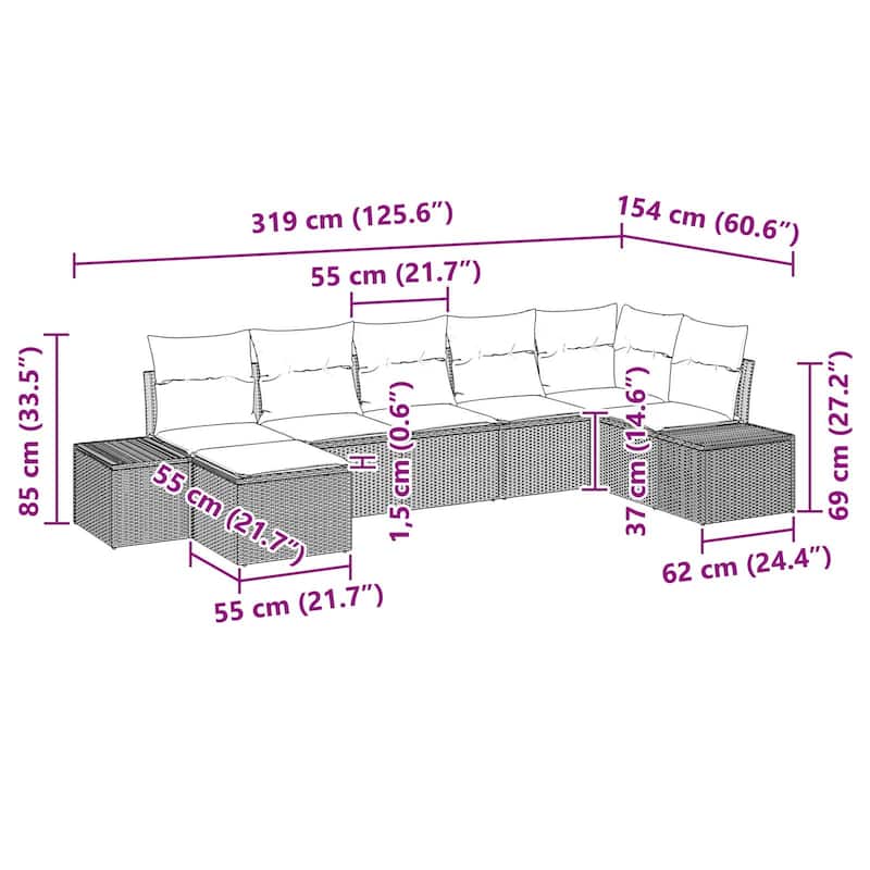 vidaXL 8 Piece Garden Sofa Set with Cushions - 125.6×60.6×27.2