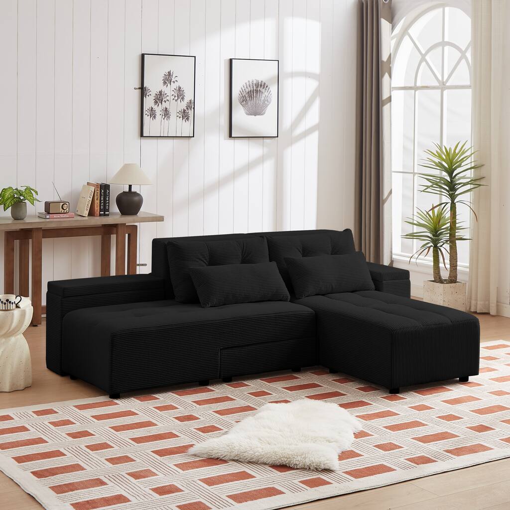Black 94'' Corduroy 3-in-1 Convertible 3-Seat Sleeper Sectional Sofa with 4 Storage Compartments and 4 Pillows