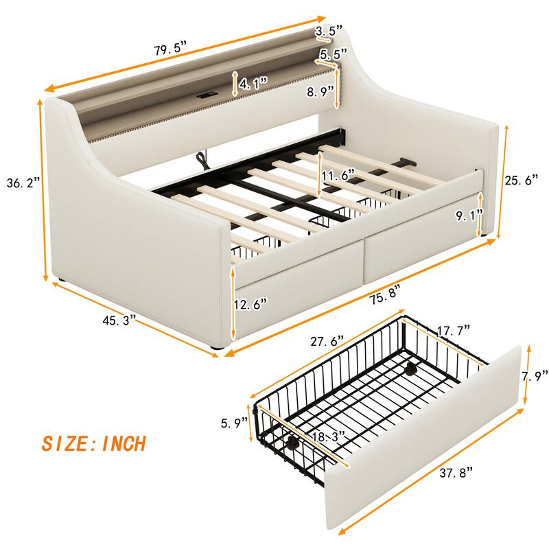 Twin Size Daybed with Storage Drawers,Upholstered Daybed with Charging Station and LED Lights
